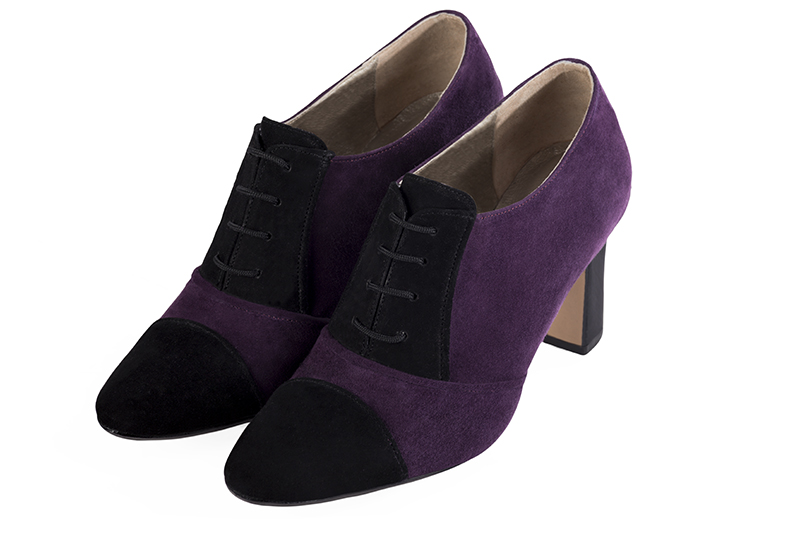 Matt black and amethyst purple women's essential lace-up shoes. Round toe. High kitten heels. Front view - Florence KOOIJMAN